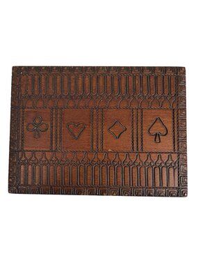 Vintage Hand Carved Wooden Playing Card Box + Two Decks 6x4.5